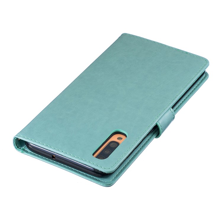 Imprint Plum Blossom Leather Wallet Stand Case for Samsung Galaxy A70 - Cyan-5