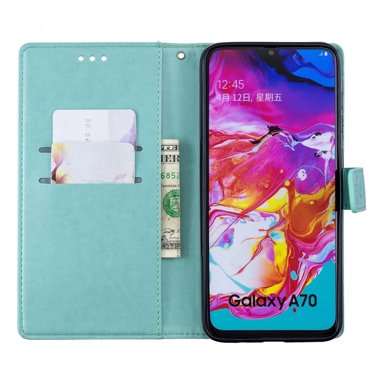 Imprint Plum Blossom Leather Wallet Stand Case for Samsung Galaxy A70 - Cyan-6