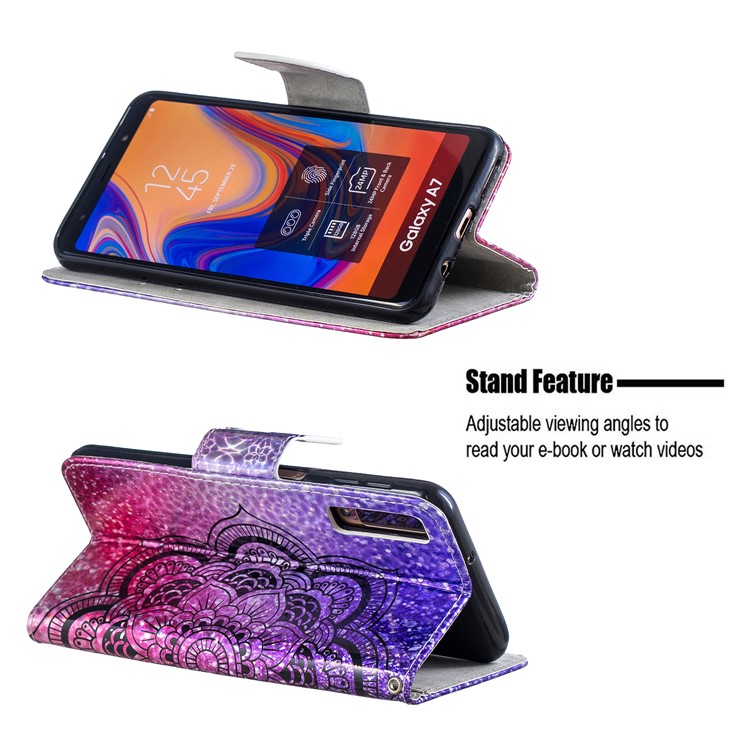 Laser Carving Pattern Printing Wallet Leather Shell with Strap for Samsung Galaxy A7 (2018) A750 - Flower-2