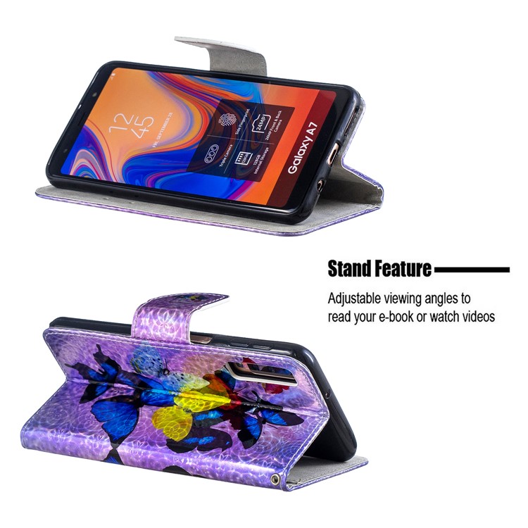 Laser Carving Pattern Printing Wallet Leather Shell with Strap for Samsung Galaxy A7 (2018) A750 - Colorful Butterflies-2