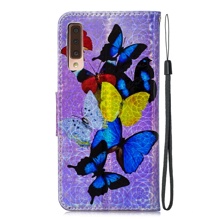 Laser Carving Pattern Printing Wallet Leather Shell with Strap for Samsung Galaxy A7 (2018) A750 - Colorful Butterflies-4