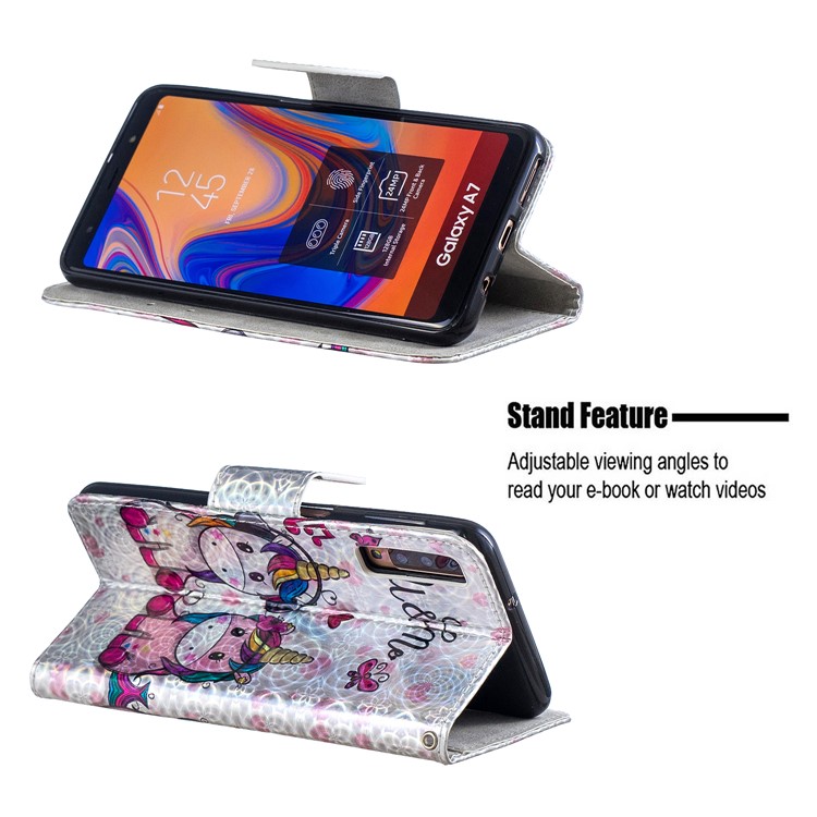 Laser Carving Pattern Printing Wallet Leather Shell with Strap for Samsung Galaxy A7 (2018) A750 - Unicorns and Cloud-2