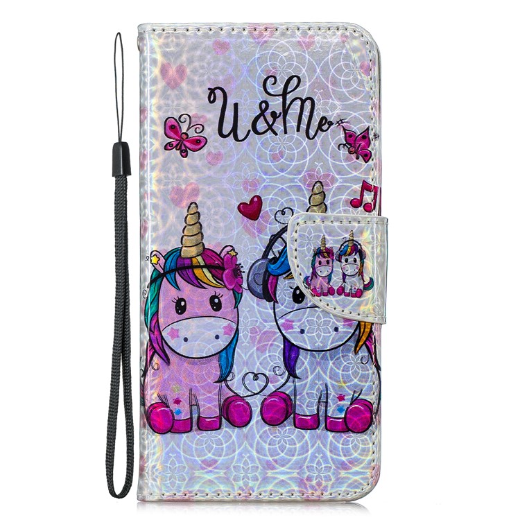Laser Carving Pattern Printing Wallet Leather Shell with Strap for Samsung Galaxy A7 (2018) A750 - Unicorns and Cloud-3
