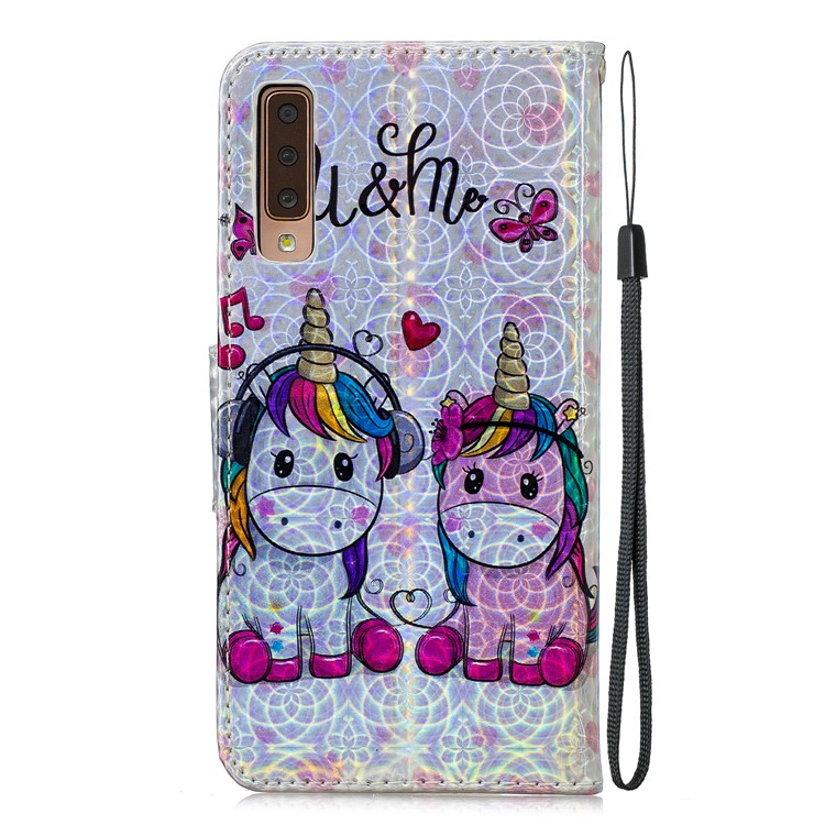 Laser Carving Pattern Printing Wallet Leather Shell with Strap for Samsung Galaxy A7 (2018) A750 - Unicorns and Cloud-4