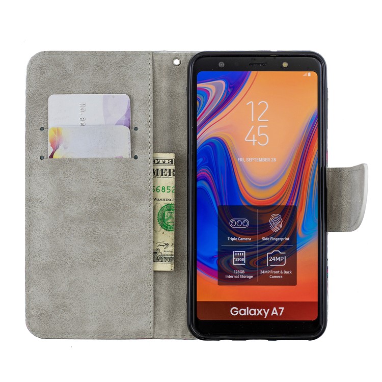 Laser Carving Pattern Printing Wallet Leather Shell with Strap for Samsung Galaxy A7 (2018) A750 - Unicorns and Cloud-5