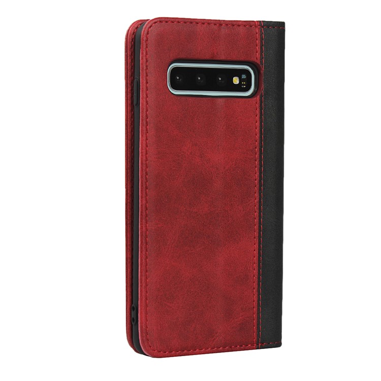 Custodia A Portafoglio In Pelle Magnetica Con Cuciture Bicolore Per Samsung Galaxy S10 - Rosso-3