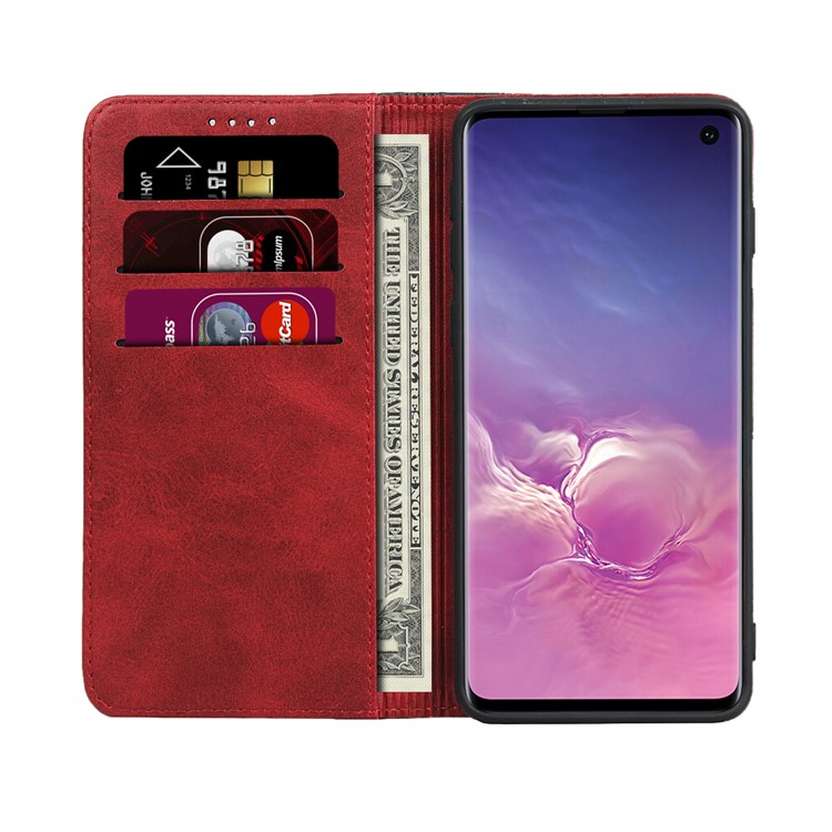 Custodia A Portafoglio In Pelle Magnetica Con Cuciture Bicolore Per Samsung Galaxy S10 - Rosso-4