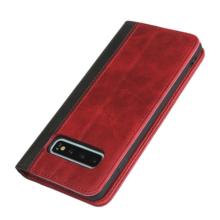 Custodia A Portafoglio In Pelle Magnetica Con Cuciture Bicolore Per Samsung Galaxy S10 - Rosso-6