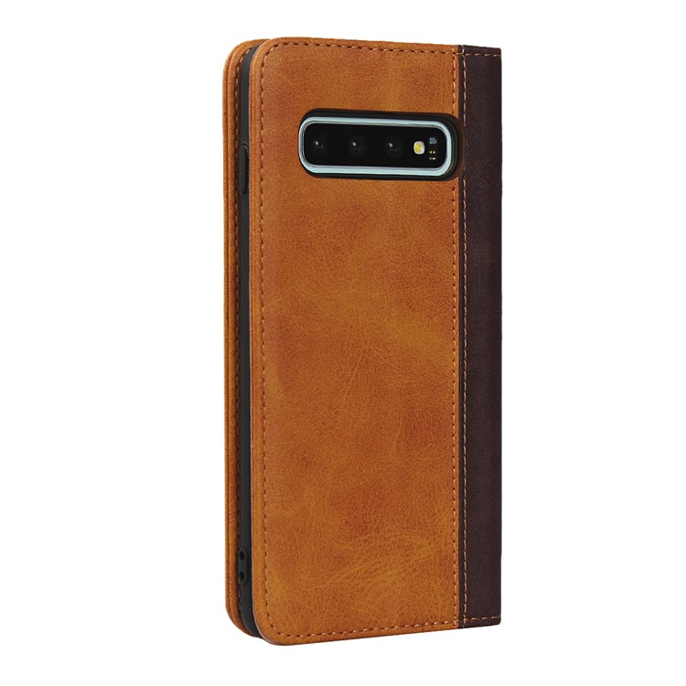Bi-color Splicing Magnetic Leather Wallet Case for Samsung Galaxy S10 - Brown-3