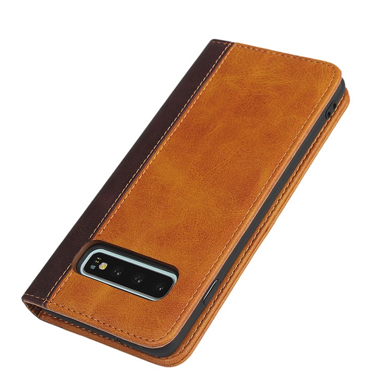 Bi-color Splicing Magnetic Leather Wallet Case for Samsung Galaxy S10 - Brown-4
