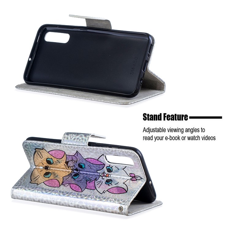Laser Carving Pattern Printing Leather Wallet Case for Samsung Galaxy A70 - Cats-2