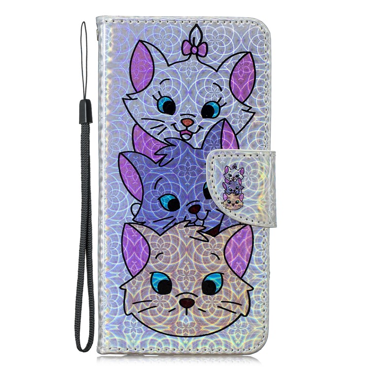 Laser Carving Pattern Printing Leather Wallet Case for Samsung Galaxy A70 - Cats-3