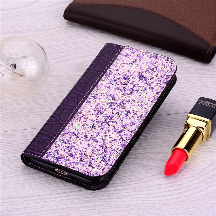 Auto-absorb Crocodile Texture Glittery Sequins Splicing Leather Case with Card Slot for Samsung Galaxy S10 5G - Purple-12