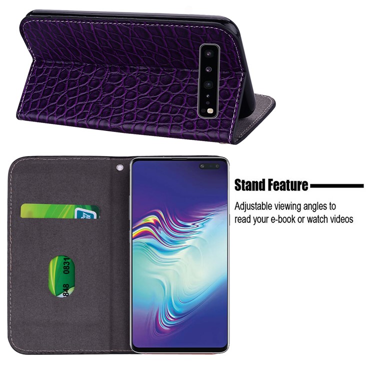 Auto-absorb Crocodile Texture Glittery Sequins Splicing Leather Case with Card Slot for Samsung Galaxy S10 5G - Purple-13