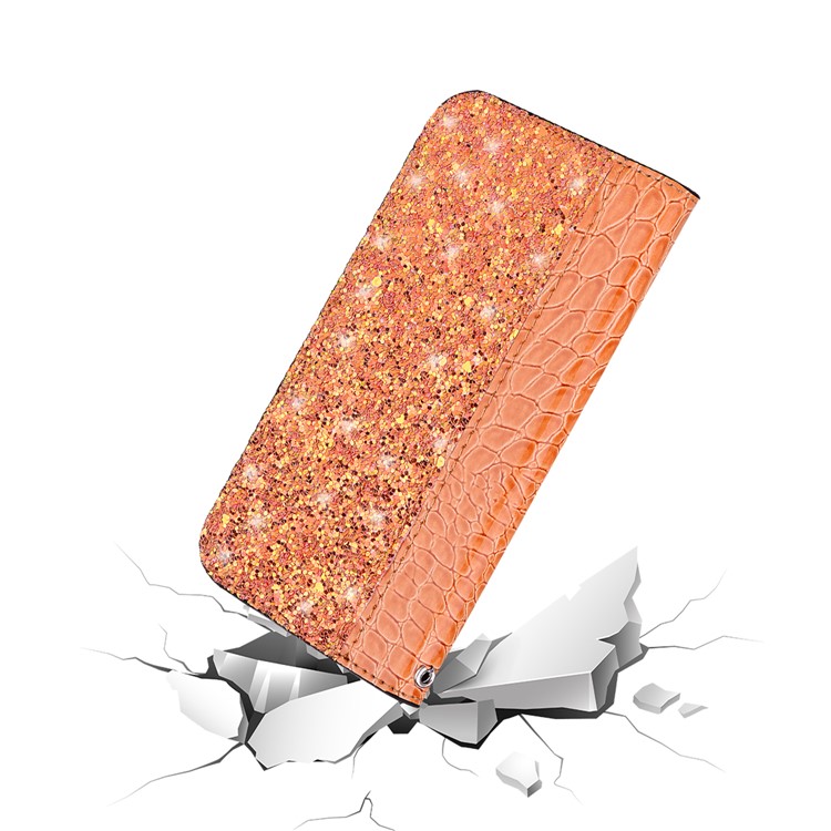 Auto-absorb Crocodile Texture Glittery Sequins Splicing Leather Case with Card Slot for Samsung Galaxy S10 5G - Orange-12