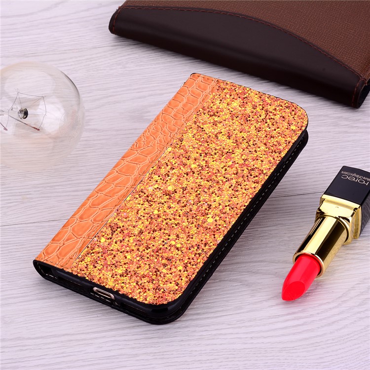 Auto-absorb Crocodile Texture Glittery Sequins Splicing Leather Case with Card Slot for Samsung Galaxy S10 5G - Orange-13