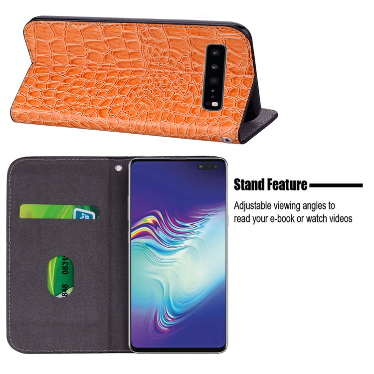 Auto-absorb Crocodile Texture Glittery Sequins Splicing Leather Case with Card Slot for Samsung Galaxy S10 5G - Orange-3