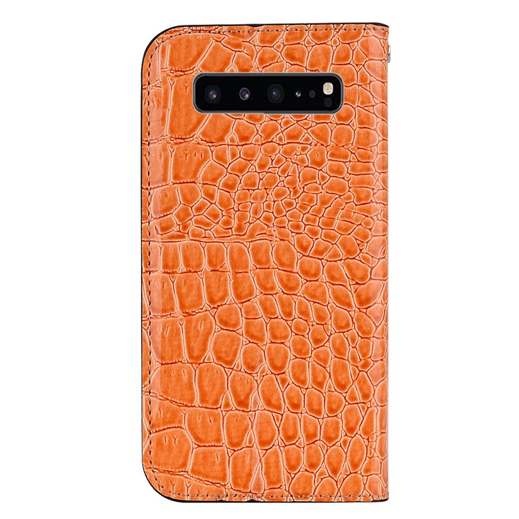 Auto-absorb Crocodile Texture Glittery Sequins Splicing Leather Case with Card Slot for Samsung Galaxy S10 5G - Orange-4