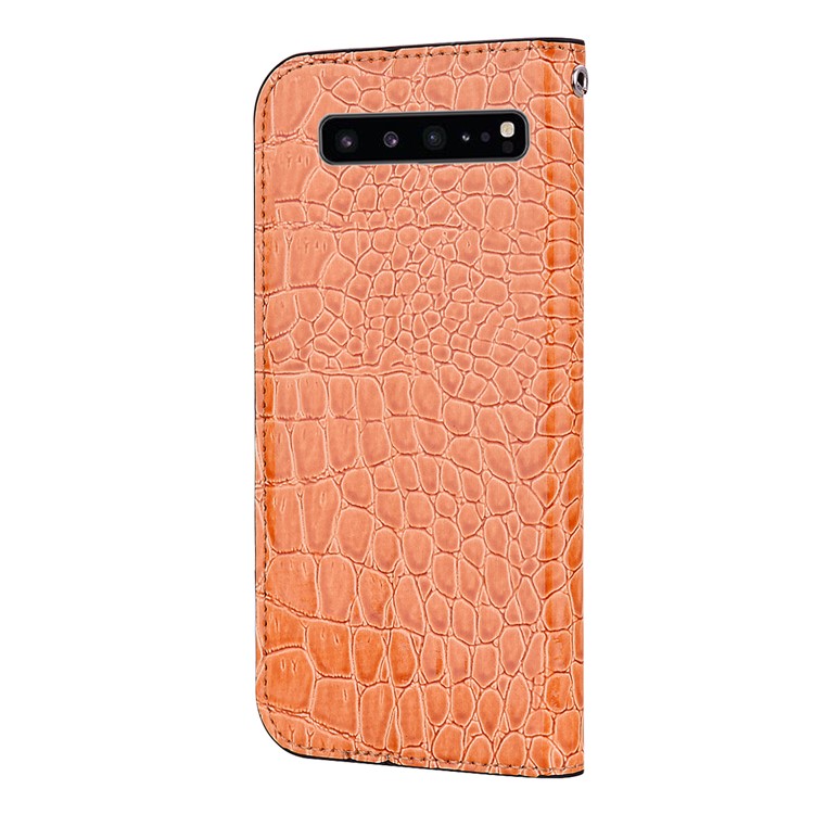 Auto-absorb Crocodile Texture Glittery Sequins Splicing Leather Case with Card Slot for Samsung Galaxy S10 5G - Orange-6
