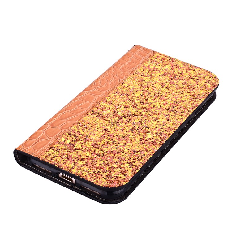 Auto-absorb Crocodile Texture Glittery Sequins Splicing Leather Case with Card Slot for Samsung Galaxy S10 5G - Orange-7