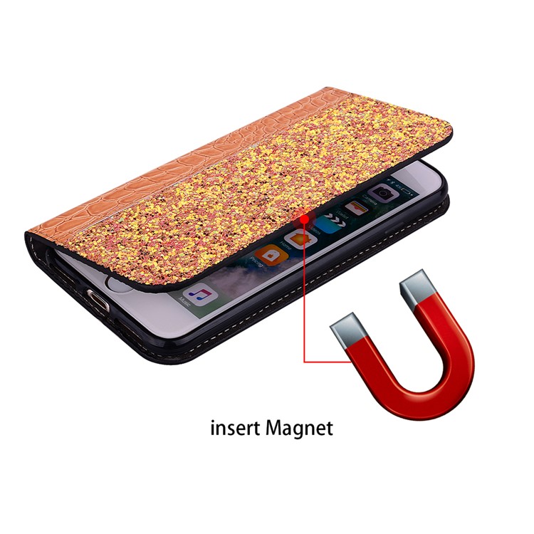 Auto-absorb Crocodile Texture Glittery Sequins Splicing Leather Case with Card Slot for Samsung Galaxy S10 5G - Orange-8