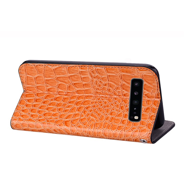 Auto-absorb Crocodile Texture Glittery Sequins Splicing Leather Case with Card Slot for Samsung Galaxy S10 5G - Orange-9