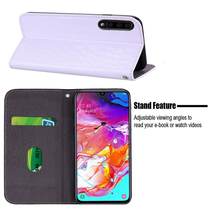 Crocodile Texture Glittery Sequins Splicing Card Slot Stand Leather Case for Samsung Galaxy A70 - White-13