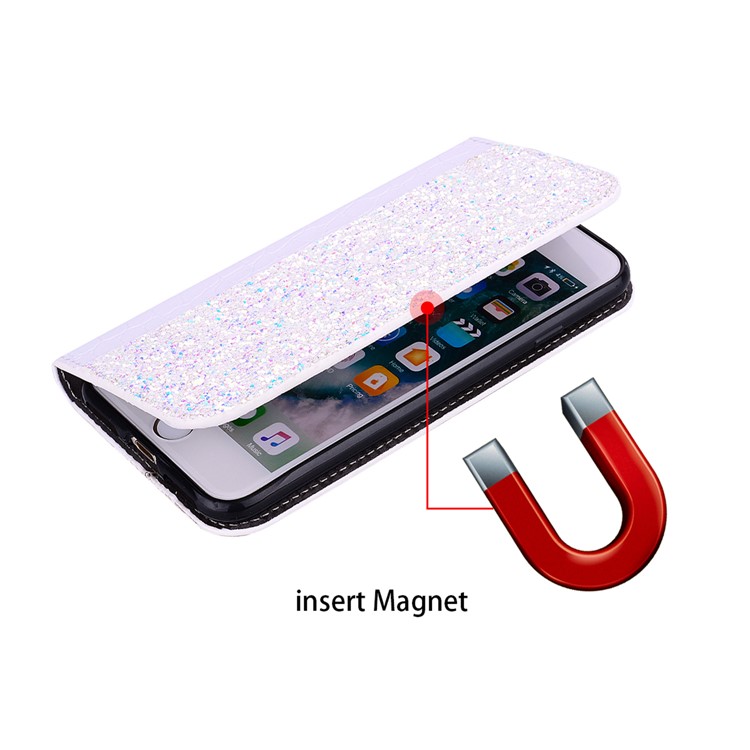 Crocodile Texture Glittery Sequins Splicing Card Slot Stand Leather Case for Samsung Galaxy A70 - White-7