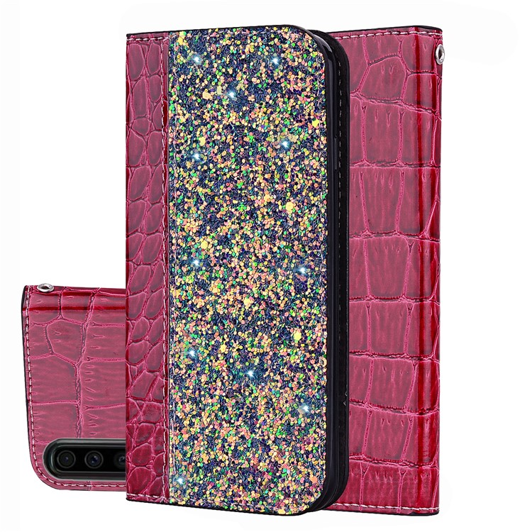 Crocodile Texture Glittery Sequins Splicing Card Slot Stand Leather Case for Samsung Galaxy A70 - Red-1