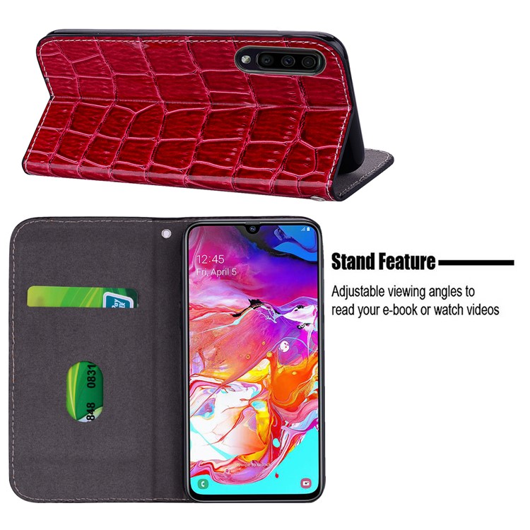 Crocodile Texture Glittery Sequins Splicing Card Slot Stand Leather Case for Samsung Galaxy A70 - Red-11