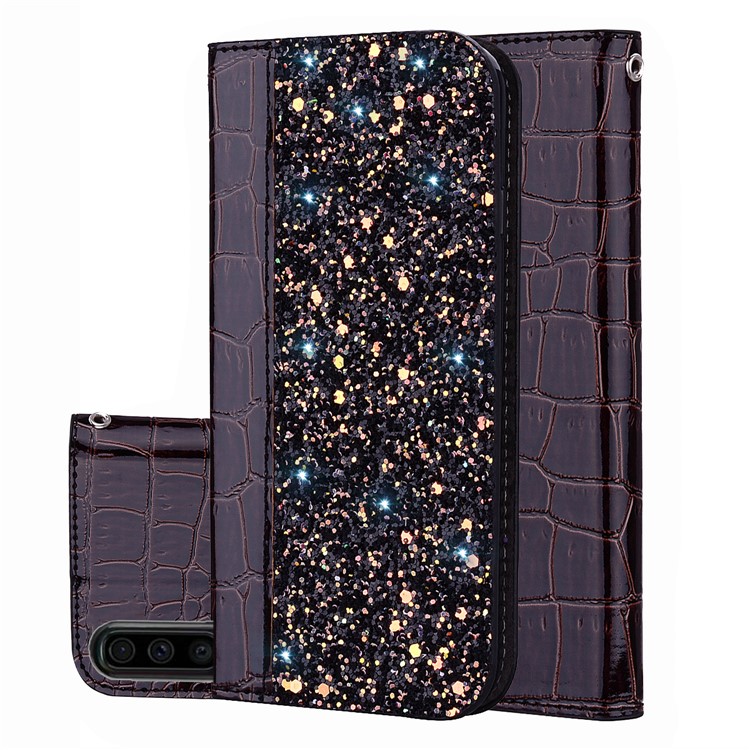 Crocodile Texture Glittery Sequins Splicing Card Slot Stand Leather Case for Samsung Galaxy A70 - Black-1