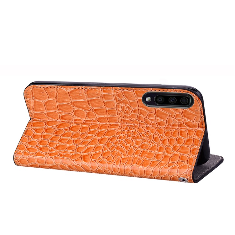 Crocodile Texture Glittery Sequins Splicing Card Slot Stand Leather Case for Samsung Galaxy A70 - Orange-8