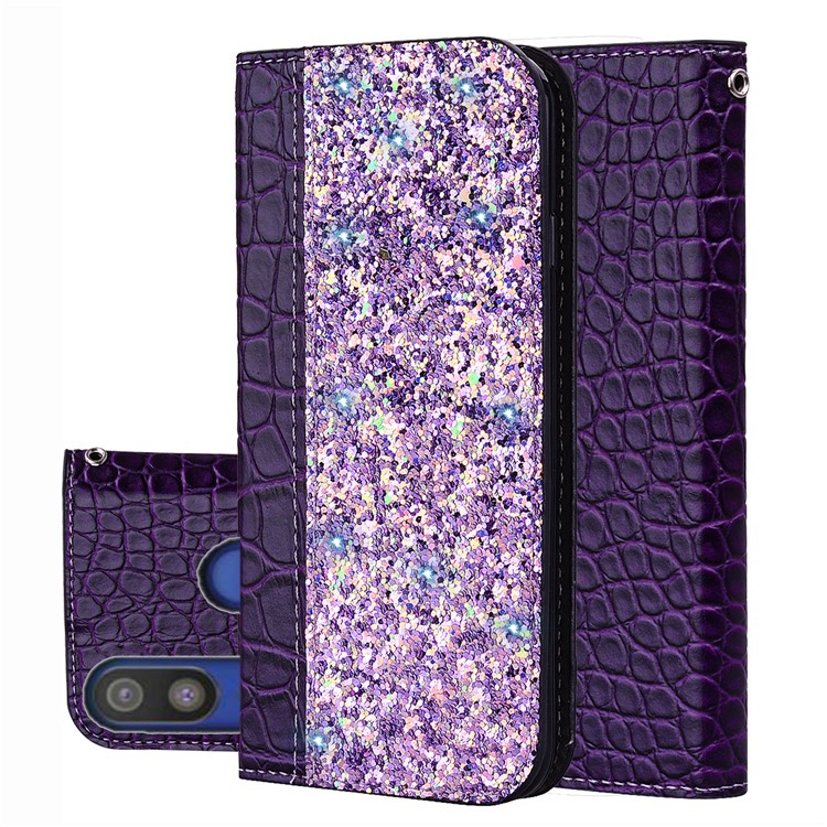 Crocodile Texture Glittery Sequins Splicing PU Leather Phone Case for Samsung Galaxy A40 - Dark Purple-1