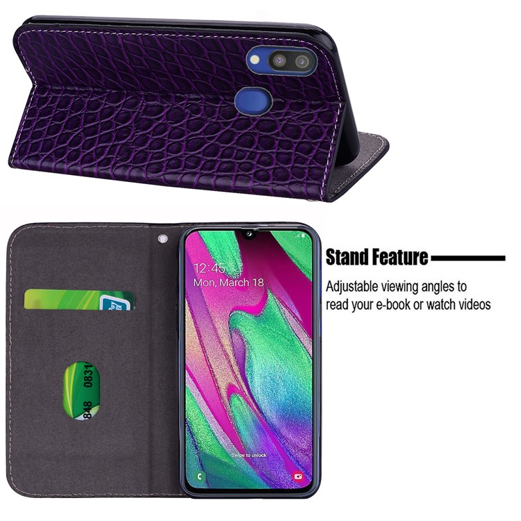 Crocodile Texture Glittery Sequins Splicing PU Leather Phone Case for Samsung Galaxy A40 - Dark Purple-12