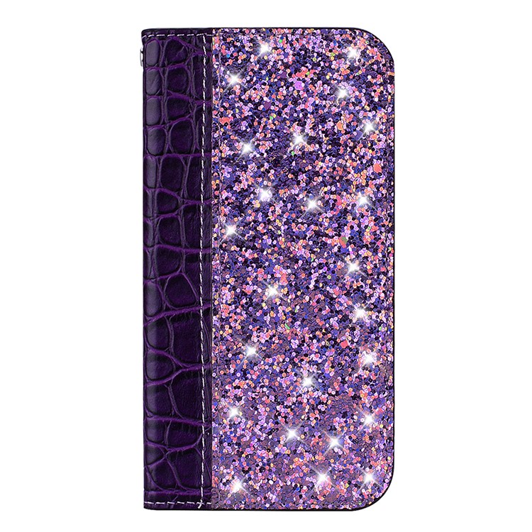 Crocodile Texture Glittery Sequins Splicing PU Leather Phone Case for Samsung Galaxy A40 - Dark Purple-4