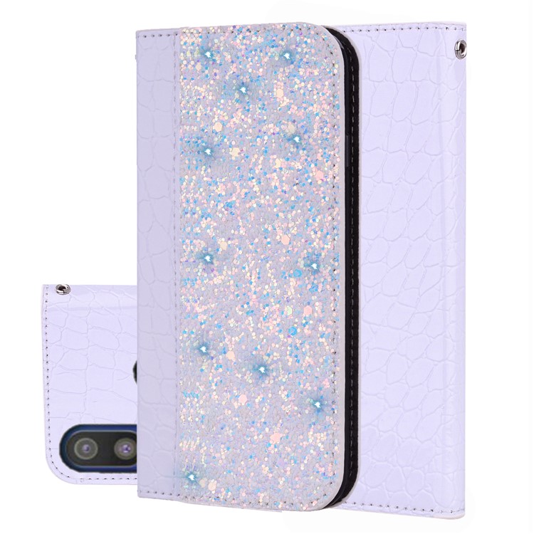 Crocodile Texture Glittery Sequins Splicing PU Leather Phone Case for Samsung Galaxy A40 - White-1