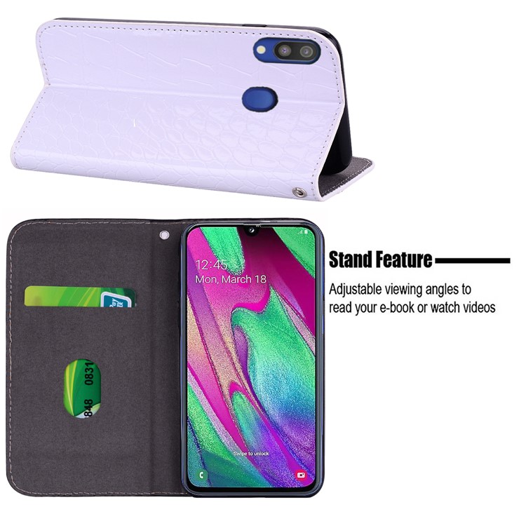 Crocodile Texture Glittery Sequins Splicing PU Leather Phone Case for Samsung Galaxy A40 - White-12