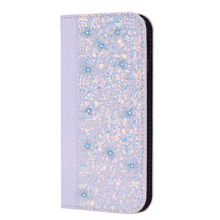 Crocodile Texture Glittery Sequins Splicing PU Leather Phone Case for Samsung Galaxy A40 - White-4