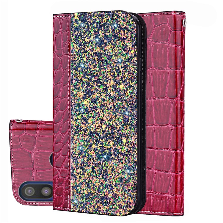 Crocodile Texture Glittery Sequins Splicing PU Leather Phone Case for Samsung Galaxy A40 - Red-1