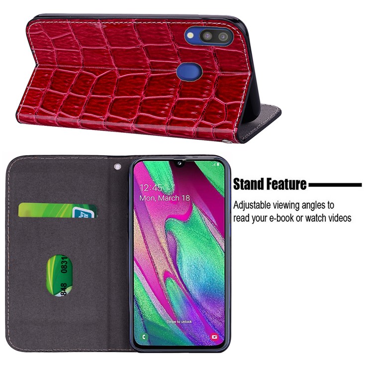 Crocodile Texture Glittery Sequins Splicing PU Leather Phone Case for Samsung Galaxy A40 - Red-11