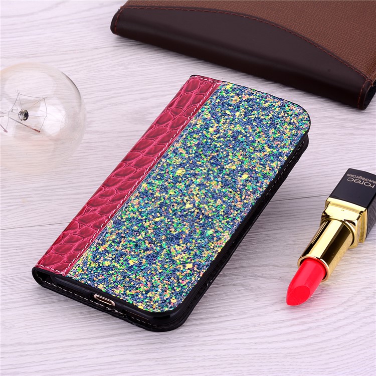 Crocodile Texture Glittery Sequins Splicing PU Leather Phone Case for Samsung Galaxy A40 - Red-12