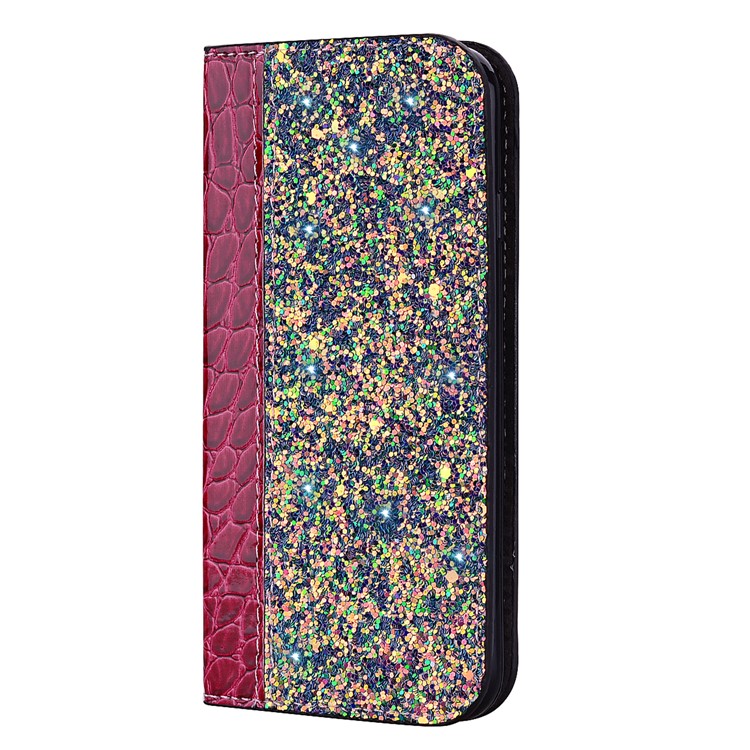 Crocodile Texture Glittery Sequins Splicing PU Leather Phone Case for Samsung Galaxy A40 - Red-4