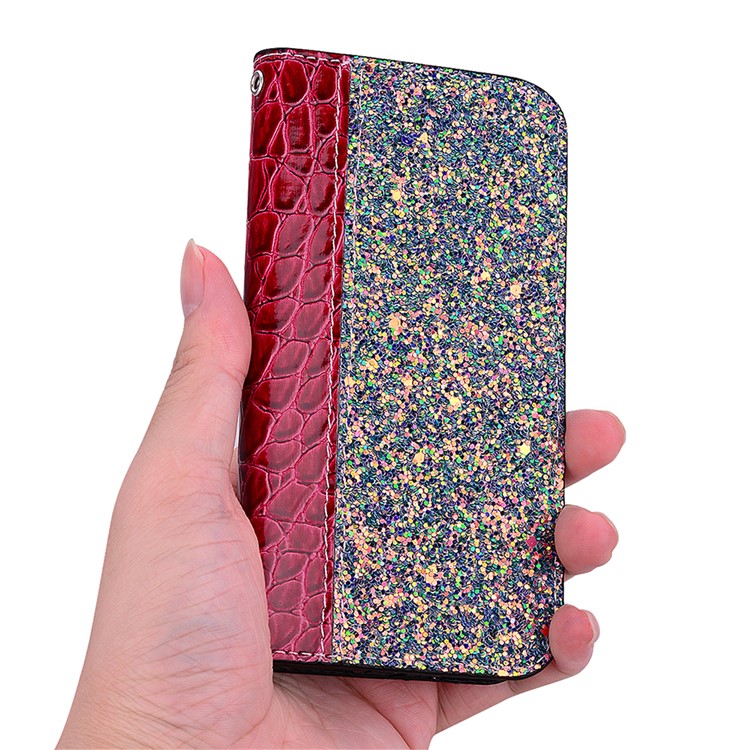 Crocodile Texture Glittery Sequins Splicing PU Leather Phone Case for Samsung Galaxy A40 - Red-8