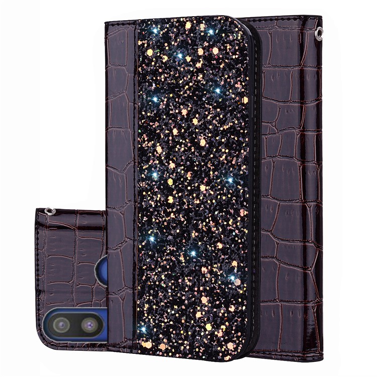 Crocodile Texture Glittery Sequins Splicing PU Leather Phone Case for Samsung Galaxy A40 - Black-1