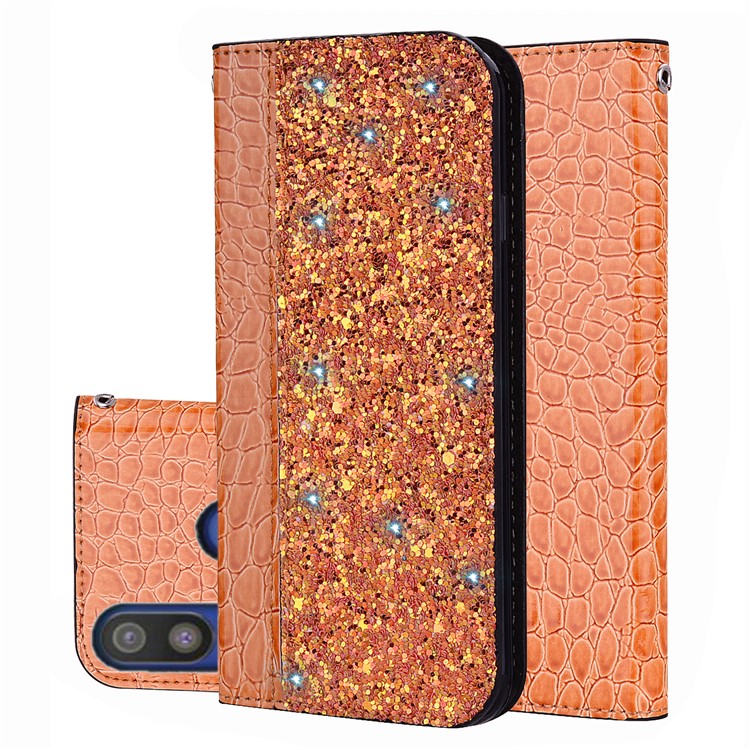 Crocodile Texture Glittery Sequins Splicing PU Leather Phone Case for Samsung Galaxy A40 - Orange-1