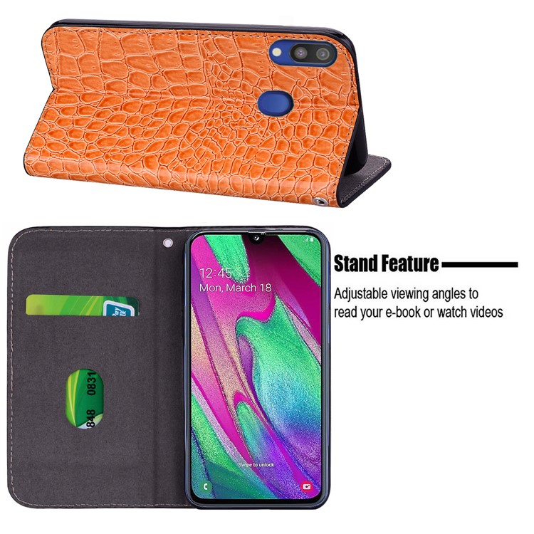 Crocodile Texture Glittery Sequins Splicing PU Leather Phone Case for Samsung Galaxy A40 - Orange-13