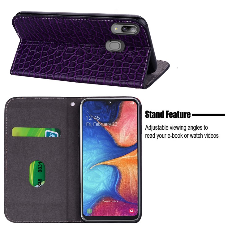 Crocodile Texture Shiny Splicing PU Leather Phone Cover for Samsung Galaxy A20e - Dark Purple-12