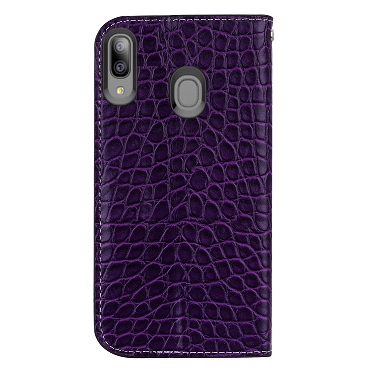 Crocodile Texture Shiny Splicing PU Leather Phone Cover for Samsung Galaxy A20e - Dark Purple-5