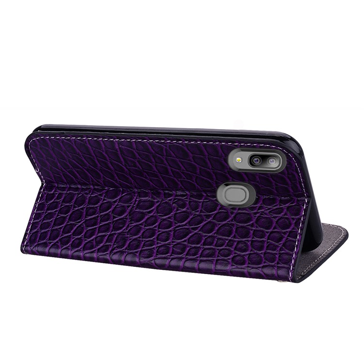 Crocodile Texture Shiny Splicing PU Leather Phone Cover for Samsung Galaxy A20e - Dark Purple-8