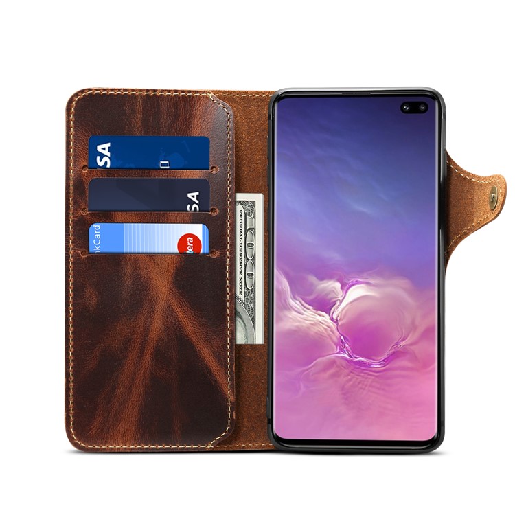 Oil Wax Cowhide Skin Retro Genuine Leather Wallet Case for Samsung Galaxy S10 5G - Brown-10